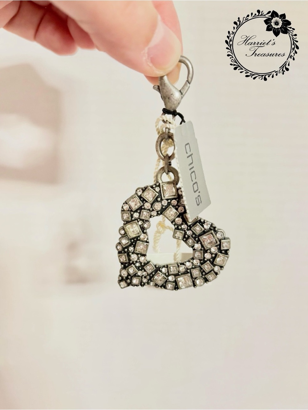 Chico's Silver-Tone Crystal Heart Charm Keychain